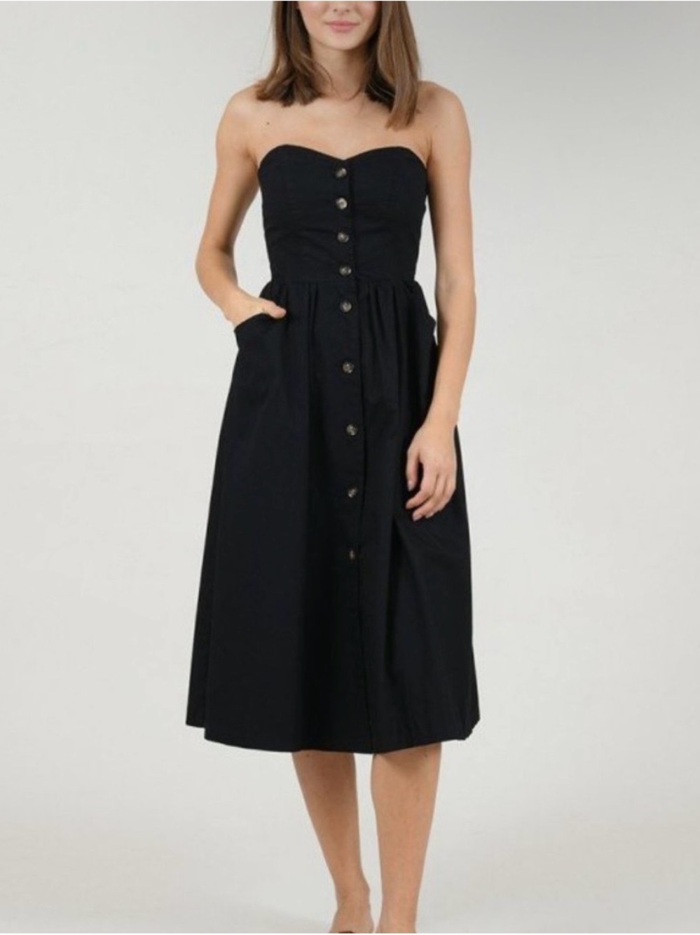 Molly Bracken Strapless Button-Front Black Midi Dress Small